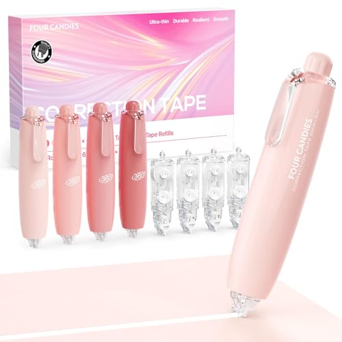 Four Candies Refillable Correction Tape, 4PCS White Tape with 4 Refills | Smooth White Pull-Out Tape for Instant Corrections, Easy to Use Applicator for Office, School Supplies (Pink) - color: Pink