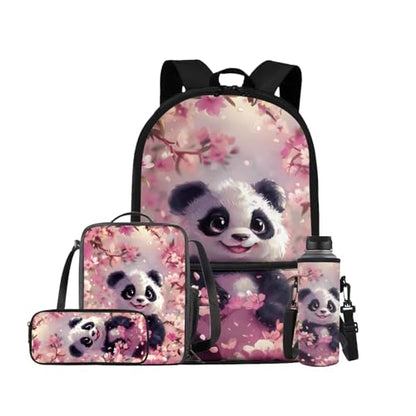 Cherry Blossom Panda Backpack for Girls Kids Backpack with Lunch Box Water Bottle Carrier and Aesthetic Pencil Case 4PCS Set Bookbag with Front Pocket for School 17 inch Large Cute School Bag - color: Cherry Blossom Panda