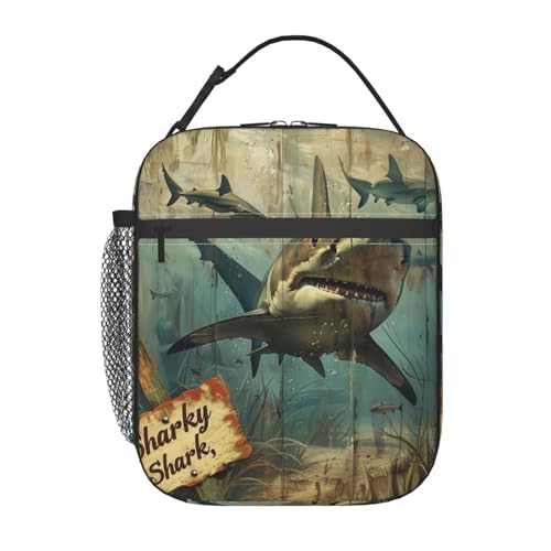 Vintage Shark Insulated Lunch Box for Women Men Retro Ocean Design Lunch Bag for Work,Picnic,Travel,Hiking,Beach or Fishing Polyester Nature Lovers Lunch Box - color: Shark02