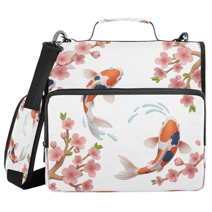 Koi Fish Cherry Flower Zipper Binder 3 Ring with Handle and Shoulder Strap, 500 Sheet Binder Organizer Capacity & Multi-Pockets for School Office