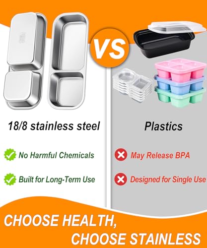 KTKUDY 5 Pack Stainless Steel Snack Containers for Kids & Adults - Large - Leek Proof Metal Bento Lunch Box with 2 Compartment for Daycare, School, Work, Travel - Stackable Snack Bento Box - size: 5 Pack-2 Sections
