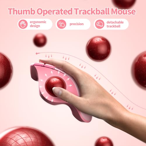 seenda Wireless Trackball Mouse, Ergonomic Bluetooth Rollerball Mouse Rechargeable, 3 Device Connection Optical Mice Adjustable DPI Thumb Control Mice Compatible for PC/Laptop/Windows/Mac - Pink - color: Pink