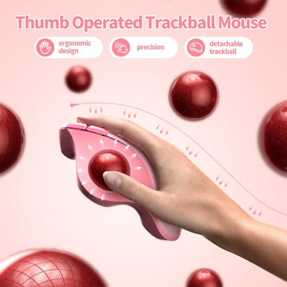 seenda Wireless Trackball Mouse, Ergonomic Bluetooth Rollerball Mouse Rechargeable, 3 Device Connection Optical Mice Adjustable DPI Thumb Control Mice Compatible for PC/Laptop/Windows/Mac - Pink - color: Pink