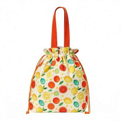 Solid Color & Fruit Print Lunch Bag, Insulated Leakproof Drawstring Pouch with 5mm Anti-Sag Base for Adult Work Commute Picnic (Lemon Fruit Print) - color: Lemon Fruit Print