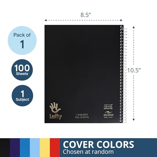 Roaring Spring Lefty Spiral Notebook, Wide Ruled One Subject Left Handed Notebook, 10.5" x 8.5", 100 Sheets, Assorted Color Covers