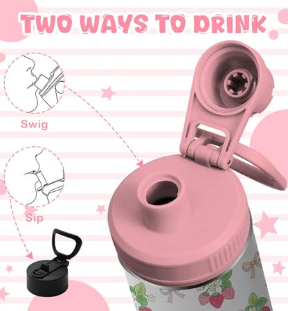 18oz Strawberry Water Bottle with 2Lids (Spout and Straw Lid), Insulated Stainless Steel Travel Bow Tumbler Cup, Strawberries Gifts for Women Teens Kids Girls - color: Strawberry