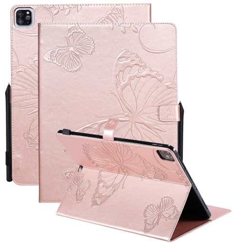Dteck Wallet Case for iPad Air 13 Inch M2 2024 & iPad Pro 12.9 2022/2021/2020/2018 with Pencil Holder,Embossed Butterfly Auto Sleep/Wake PU Leather Smart Stand Girls Cute Folio Pocket Cover,Rosegold - color: 10 Rosegold