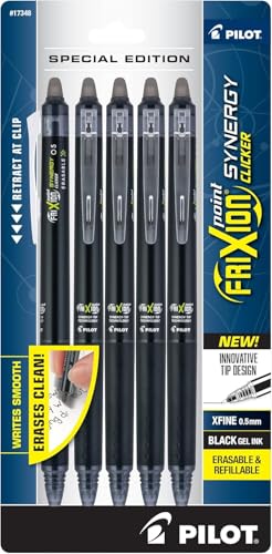 Pilot FriXion Synergy Clicker Erasable, Refillable, Retractable Gel Ink Pens, Extra Fine Point 0.5 mm, Pack of 5, Black Ink, FriXion Erasable Pens 0.5 - Ideal for School & Office Writing - color: Black 5