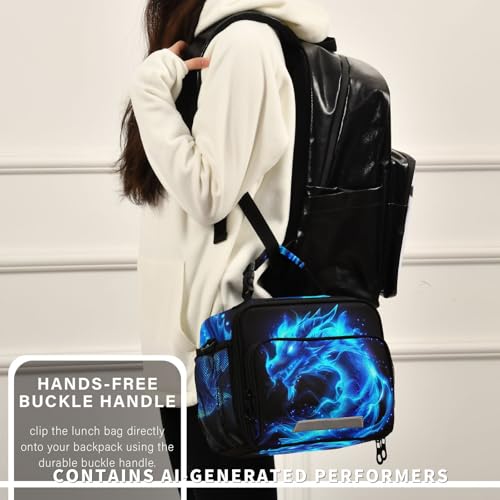 Blue Flame Dragon Kids Lunch Box Insulated Lunch Bags Cooler Tote Bag with Removable Shoulder Strap for Boy Girl Student 20856137 - color: Blue Dragon