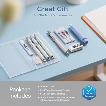 Nicpro Cute Mechanical Pencil Set, 4PCS 0.7mm Pastel Drafting Pencils with 4 Tube HB Lead Refills, 4B Erasers, Rotary Retractable Eraser and Eraser Refill for Writing Sketching Back to School Supplies - style: 0.7mm