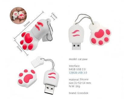 64GB USB 2.0 Flash Drive Cartoon Novelty Lovely Cat Paw Memory Stick Silicone Rubber Ainmal Pendrive White - color: Catpaw-white, size: 64GB 2.0