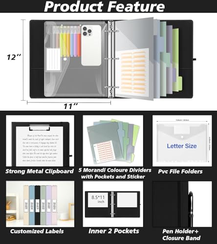 Leather 3 Ring Binder, 2 Inch Binders with Clipboards, 5-Tabs Pockets Dividers, 18 Divider Stikers, Plastic Folder, Pen Holder, Three Ring Binder with Pen Holder(Black, Letter Size) - color: Black, size: 2in（Letter Size）