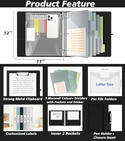 Leather 3 Ring Binder, 2 Inch Binders with Clipboards, 5-Tabs Pockets Dividers, 18 Divider Stikers, Plastic Folder, Pen Holder, Three Ring Binder with Pen Holder(Black, Letter Size) - color: Black, size: 2in（Letter Size）