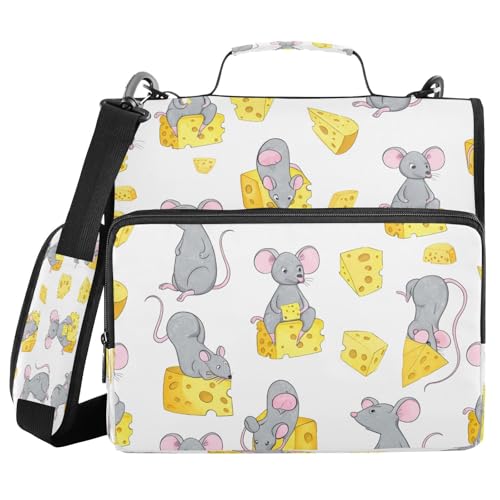 Kigai Gray Mouse 3 Ring Zipper Binder Organizer, Large Capacity Binder Bag Holds 500 Sheets, Water Resistant Multi-Pocket Binder with Shoulder Strap for School Office Teachers