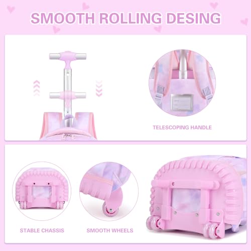 DIGOBAY Rolling Backpack for Girls, Cute Girls Backpack with Wheels, Kids Wheeled backpacks Set with Lunch Bag Pencil Case for Teen Girl, Roller School Bag with Wheels for Elementary Middle School - color: Purple Tie-dye