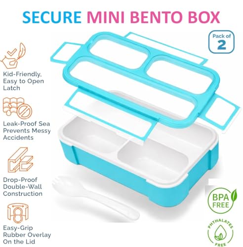 kinsho Small Snack Box Containers for Kids Toddlers, Pink Blue, Set of 2 | 3 Compartments, Leak-Proof, Spill Proof, BPA-Free Reusable Mini Bento Lunch Box for Girl & Boy Daycare School, Holds 2 Cups - color: Blue + Pink Small 2pk