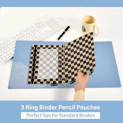 Black Chessboard Binder Pouches 3 Ring for Boys Girls School Office College Supplies Brown Buffalo Plaid Wood Color Pencil Pouches Case Bag with Clear Window and Zipper 2 Pack - color: Brown