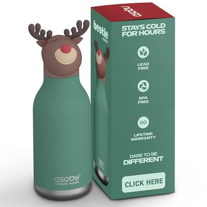 asobu Bestie Bottle Insulated Stainless Steel Water Bottle with Detachable Soft Animal Head Fun Drinking For Kids and Teens with Flexible Reusable Straw 16 Ounce (Reindeer) - color: REINDEER