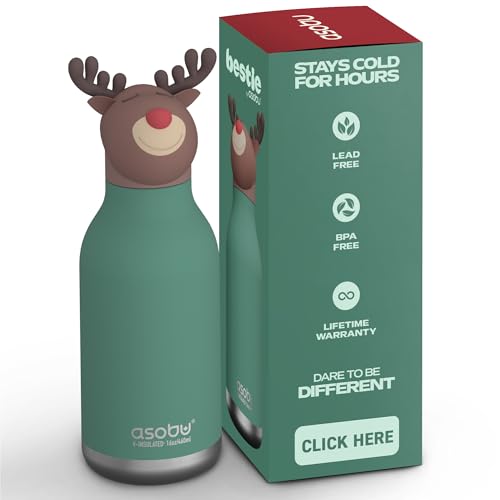 asobu Bestie Bottle Insulated Stainless Steel Water Bottle with Detachable Soft Animal Head Fun Drinking For Kids and Teens with Flexible Reusable Straw 16 Ounce (Reindeer) - color: REINDEER