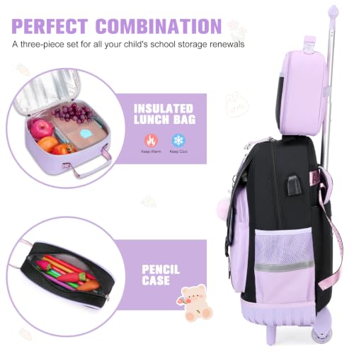 Bevalsa Rolling Backpack for Girls, 3PCS Roller School Backpack Set | with Lunch Box & Pencil Case, Kids Bookbag with Wheels for Teen Girls Elementary Middle High School Students - color: Purple Butterfly