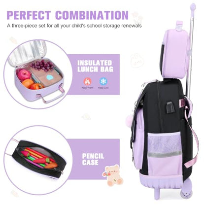 Bevalsa Rolling Backpack for Girls, 3PCS Roller School Backpack Set | with Lunch Box & Pencil Case, Kids Bookbag with Wheels for Teen Girls Elementary Middle High School Students - color: Purple Butterfly