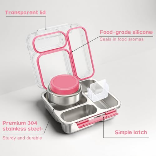 Pawtong Stainless Steel Bento Box Kids Adult with 7oz Insulated Food Jar, Transparent Lid Metal Lunch Box With Soup Thermal Jar, Lunch Box Container with Removable Divider & Sauce Cup School (Pink) - color: Pink