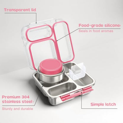 Pawtong Stainless Steel Bento Box Kids Adult with 7oz Insulated Food Jar, Transparent Lid Metal Lunch Box With Soup Thermal Jar, Lunch Box Container with Removable Divider & Sauce Cup School (Pink) - color: Pink