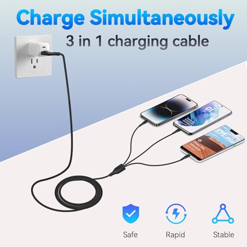 3-in-2 Charging Cable USB A/C to Phone USB-C/Micro Cable 4ft 3Pack | 2 inputs (USB-A/USB-C) to 3 outputs (Phone,USB-C, Micro) 3A Nylon braided Universal for Phone Samsung and more all devices.