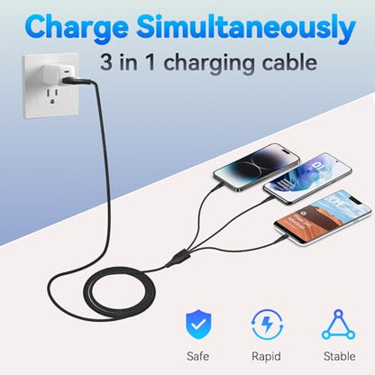 3-in-2 Charging Cable USB A/C to Phone USB-C/Micro Cable 4ft 3Pack | 2 inputs (USB-A/USB-C) to 3 outputs (Phone,USB-C, Micro) 3A Nylon braided Universal for Phone Samsung and more all devices.