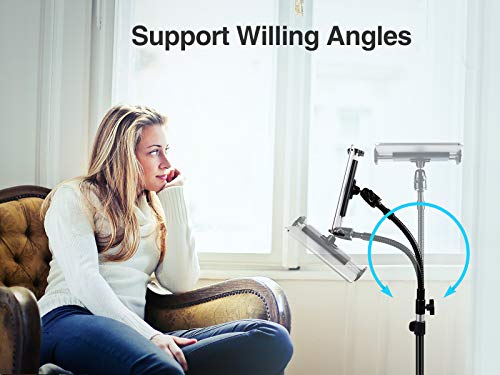 elitehood Metal iPad Tripod Stand, 72in Gooseneck Tablet Floor Stand Holder | Heavy Duty Aluminum Tall iPad Floor Stand, Adjustable iPad Music Stand for Pro 13 11, Mini, Air, iPhone and 4.7-13" Tablets - size: 4.7–13" · Side Clamp