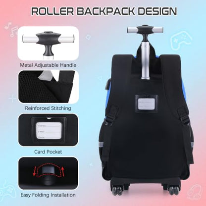 Jafeton Rolling Backpack for Boys, 3 PCS Gamer Boy Backpack Set with Lunch Box & Pencil Pouch, Roller Wheels School bag for Boys Kids Teens, Elementary Middle School, Kids Bookbag Casual Daypack - color: Blue