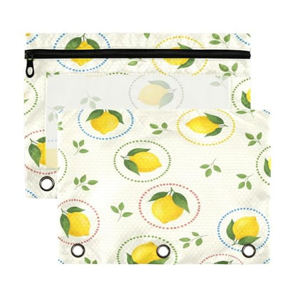 Blueangle Lemon Dots and Leaves Pencil Pouch for 3 Ring Binder, 2 Pack Clear Window Zipper Pencil Bags for Office