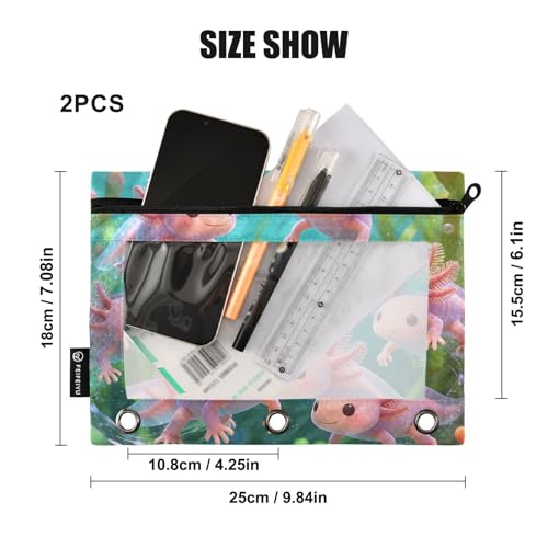 Cute Axolotl Pencil Pouches for 3 Ring Binder, Zipper Binder Pencil Case, 2 Pack Clear Window Case Bag for Office Organizers - color: Cute Axolotl