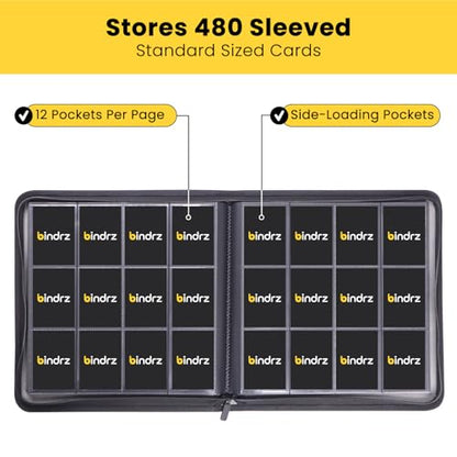 bindrz 12 Pocket Zipper Binder for 480 Sleeved Trading Cards - Side Loading Pockets Album - Archival Safe Material and Compatible with TCG MTG and Sports Collectibles (Black) - color: Black