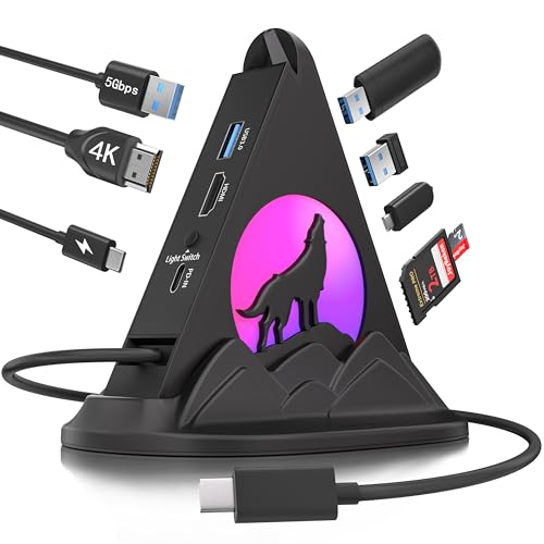 8-in-1 USB C Hub, 4K@30Hz HDMI Output, 100W PD Fast Charging, 3 USB 3.0 Ports, SD/TF Card Reader, Multiport Adapter for MacBook Air/Pro, iPhone 17, iPad Pro/Air - color: 1-Black Wolf With Base