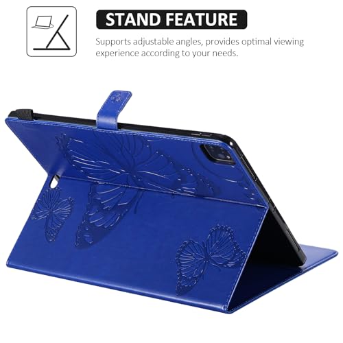 Dteck Wallet Case for iPad Air 13 Inch M2 2024 & iPad Pro 12.9 2022/2021/2020/2018 with Pencil Holder,Embossed Butterfly Auto Sleep/Wake PU Leather Smart Stand Girls Cute Folio Pocket Cover,Blue - color: 10 Blue