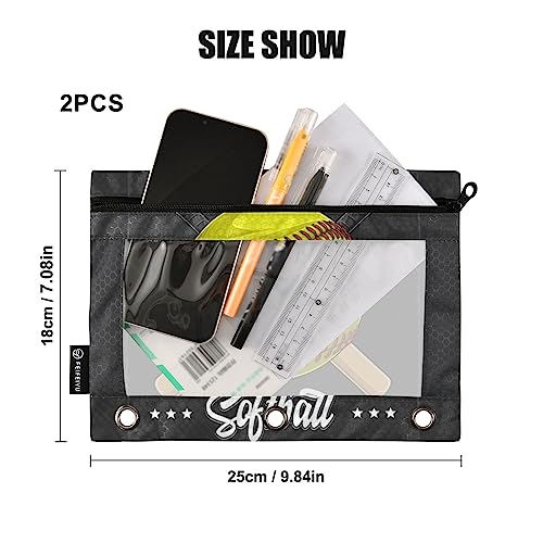 Yellow Softball Baseball Binder Pencil Pouch 3 Ring, Clear Window Zipper Pencil Case Bags Office Supplies 2 Pack