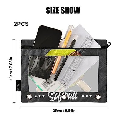 Yellow Softball Baseball Binder Pencil Pouch 3 Ring, Clear Window Zipper Pencil Case Bags Office Supplies 2 Pack