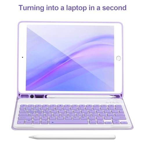 AHYWTAN Keyboard Case for iPad 9/8/7th Gen 10.2’’,Case with Keyboard ipad 10.2 inch,Detachable Bluetooth Keyboard with Pencil Holder,Purple - color: Purple