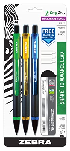 Zebra Pen Z-Grip Plus Mechanical Pencil, Smooth Writing, Latex-Free Grip, 0.7mm Lead, #2 HB, Shake to Advance the Lead, Assorted Barrel Colors, Green, Yellow, Blue, 3-Pack (55403) - color: Green/Yellow/Blue, size: 1 Count (Pack of 3)