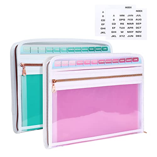 MEGREZ Expanding Folder with 13 Pockets, 2 Pack A4 Paper Folder with Zipper Color Labels, Waterproof Accordion File Organizer for Home Office, Green & Pink - color: Green & Pink(2 Packs)