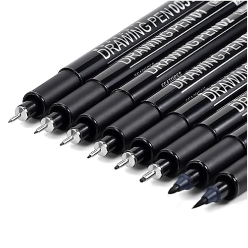 Muchcute Micro Fineliner Drawing Art Pens: 8 Black Fine Line Waterproof Ink Set Artist Supplies Archival Inking Markers Liner Professional Sketch Outline Crafts Sketching Watercolor Zentangle Stuff - color: 8 Tip Sizes