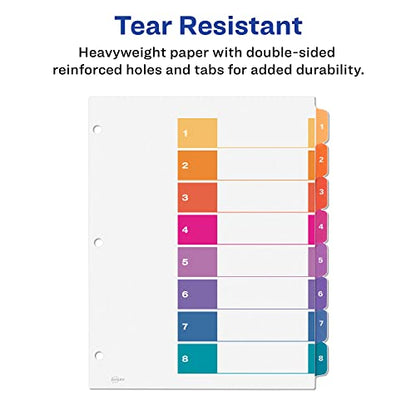 Avery 8 Tab Dividers for 3 Ring Binders, Customizable Table of Contents, Multicolor Tabs, 6 Sets (11186) - size: 8 tabs