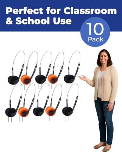 10 Pack Classroom Headphones for School Students, Bulk Headphones with 3.5mm Jack, Comfortable Soft Earpads, Adjustable Headband, 4 Ft Tangle-Free Cord for Computers, Tablets & Laptops