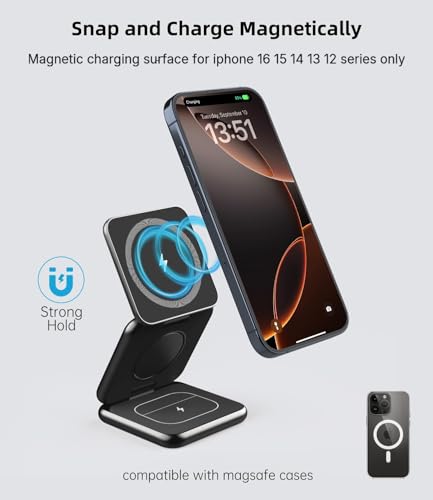 Foldable Magnetic Wireless Charger, KU XIU X40 Aluminum Alloy 3 in 1 Charging Station for Apple, Fast Charging Travel Charger for iPhone 17 16 15 14 13 12, 5W for Apple Watch & AirPods, Black - color: Black
