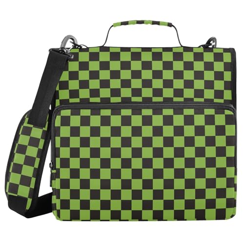 Green Black Checkered Binder Bag 3 Ring Zipper Binders with Shoulder Strap for School Office Organizer Storage - color: Q009