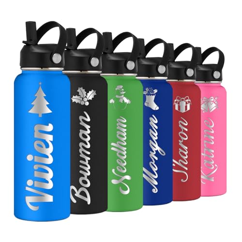 Personalized Water Bottle with Straw Lid for School,Custom Engraved Insulated Stainless Steel Sports Water Bottle with Name for Girls Boys Women Men(24oz/32oz/40oz,12 Colors) - color: Blue, style: Christmas