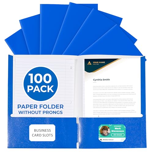 100 Pack Blue 2 Pocket Paper Folders. EPI Heavy Duty, Bulk Folders with Pockets and Business Card Slots. Colored Letter Size Document Organizers. Durable Portfolio for School, College, Office Files - color: Blue, style: No Prongs