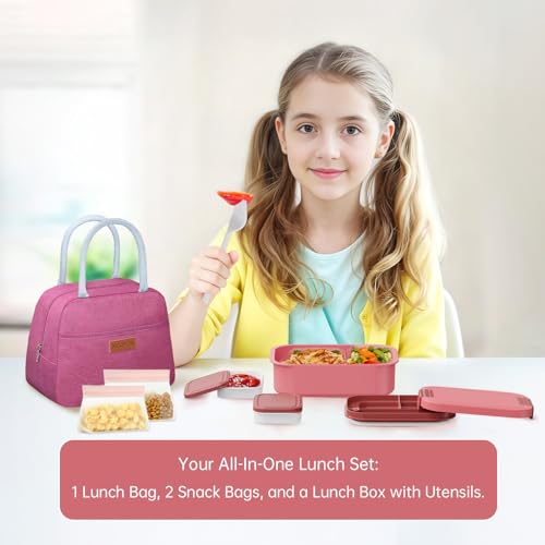 JBGOYON 4-in-1 Bento Box and Insulated Lunch Bag Set, Red | 6-hour insulation, 7.5 L lunch bag, leakproof 1.9 L container with 2 sauce cups, fork and spoon, 2 snack bags, BPA-fre - color: Red