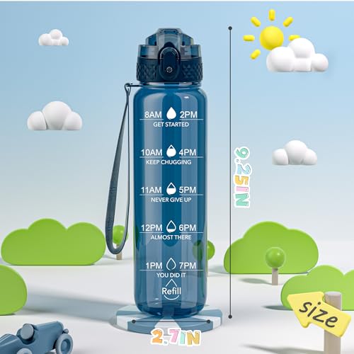 OLDLEY 17oz Kids Water Bottle, Tritan BPA-Free, Leakproof Flip Straw Lid, Motivational Time Marker, Carry Strap, Reusable Clear Water Bottle for Boys & Girls,Slate Blue - color: Slate Blue, style: 17 Ounces
